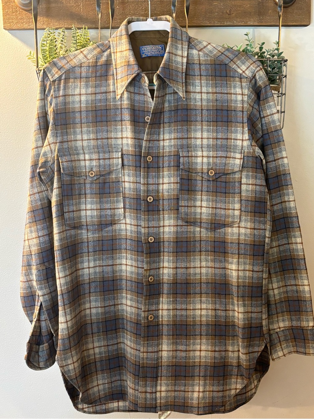 Vintage Pendleton Brown & Blue Plaid Men’s Button-Down Shirt